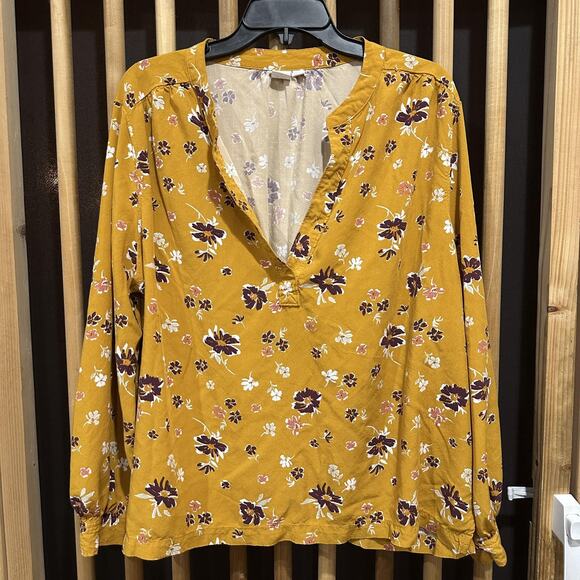 Gap Blouse Womens 2XL Yellow Purple Floral Long Sleeve Rayon Pullover Top V Neck - Picture 1 of 8